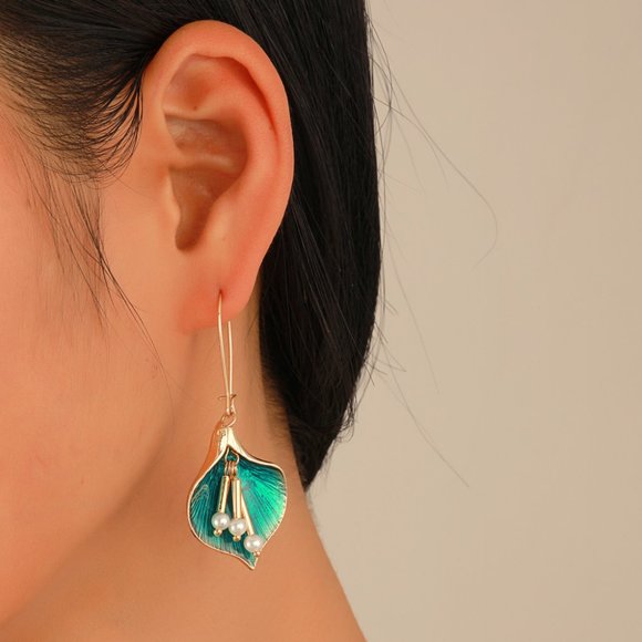 3/$35 Flower Leaf Pearl Green Gold Dangle Drop Fashion Earrings Women Jewelry - Picture 1 of 6